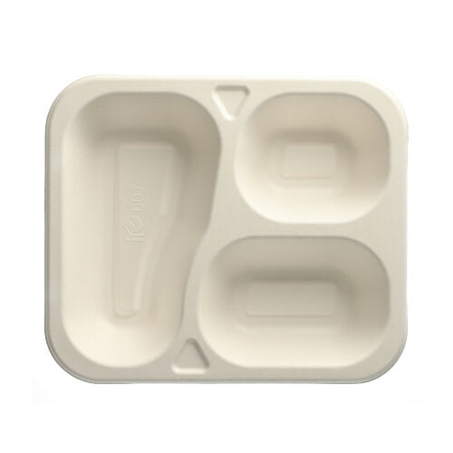 Die PAPSTAR 100 Siegelschalen aus Zuckerrohr (3-geteilt, 925 ml, weiß) von PAPSTAR GmbH sind biologisch abbaubar: Links ein großes, rechts zwei kleine Fächer – die umweltfreundliche Verpackungslösung.