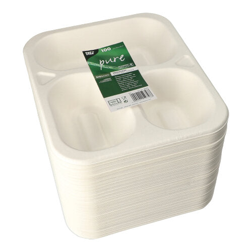 Ein Stapel von 100 weißen, dreiteiligen PAPSTAR biologisch abbaubaren Zuckerrohrtellern (925 ml, 4,2 x 21,2 x 25 cm) mit einem grünen „pure“-Etikett, hergestellt von der PAPSTAR GmbH.