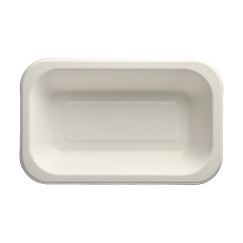 The PAPSTAR 100 sealing trays of PAPSTAR GmbH are white, rectangular disposable trays made from eco-friendly molded sugarcane fiber with slightly rounded edges and an embossed recycling symbol with a number on the bottom.