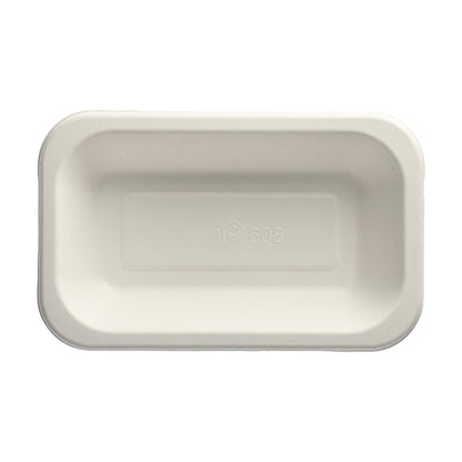 The PAPSTAR 100 sealing trays of PAPSTAR GmbH are white, rectangular disposable trays made from eco-friendly molded sugarcane fiber with slightly rounded edges and an embossed recycling symbol with a number on the bottom.