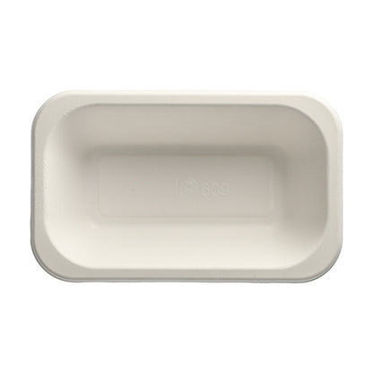 The PAPSTAR 100 sealing trays of PAPSTAR GmbH are white, rectangular disposable trays made from sugarcane. They feature rounded corners, a smooth surface, and an embossed symbol and number in the center for eco-friendly packaging.