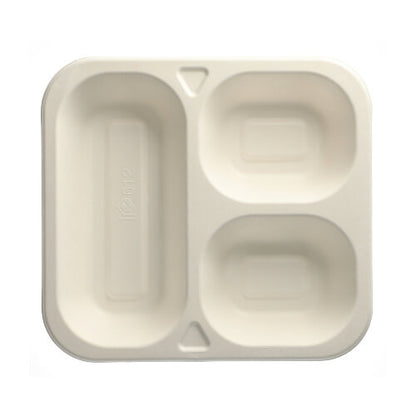 The PAPSTAR 50 sealing bowls made from sugarcane (4.2 x 24.5 x 26.5 cm, white) by PAPSTAR GmbH is a three-part eco-friendly food packaging – ideal for sustainable food storage.