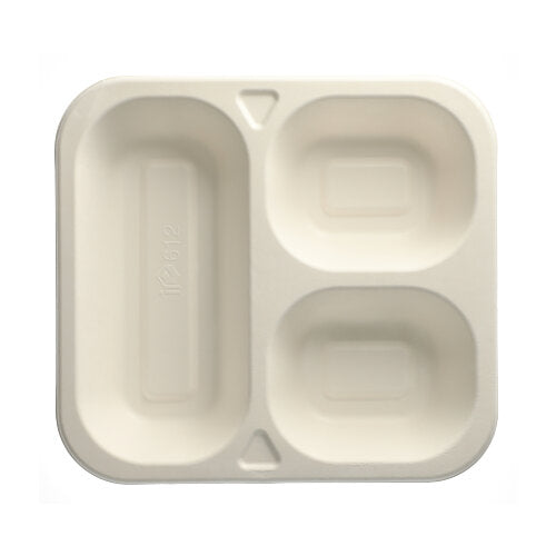Die PAPSTAR 50 Siegelschalen aus Zuckerrohr (4,2 x 24,5 x 26,5 cm, weiß) von PAPSTAR GmbH ist eine dreigeteilte umweltfreundliche Lebensmittelverpackung – ideal für nachhaltige Speisenaufbewahrung.