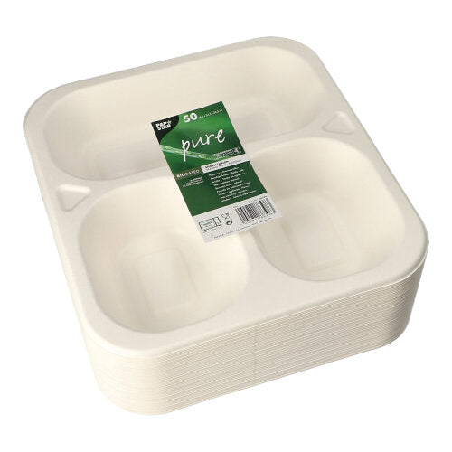 Ein 50er Pack weiße PAPSTAR Zuckerrohrteller (4,2 x 24,5 x 26,5 cm), dreigeteilt, umweltfreundlich und mit der Aufschrift „pure“ – perfekt als nachhaltige Lebensmittelverpackung.