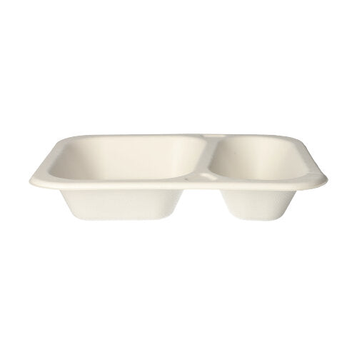 The PAPSTAR 100 sealable, sugarcane 2-compartment in white from PAPSTAR GmbH are rectangular disposable trays with two compartments and rounded corners - ideal for catering and presented against a plain white background.