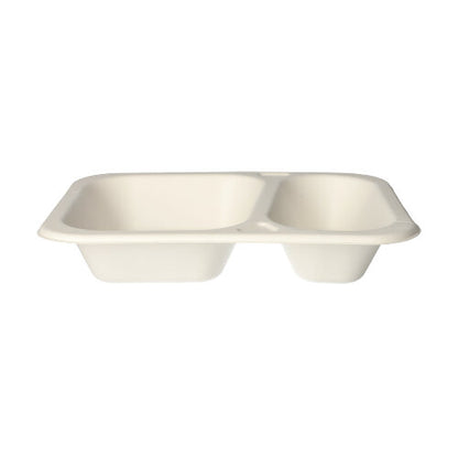 The PAPSTAR 100 sealable, sugarcane 2-compartment in white from PAPSTAR GmbH are rectangular disposable trays with two compartments and rounded corners - ideal for catering and presented against a plain white background.