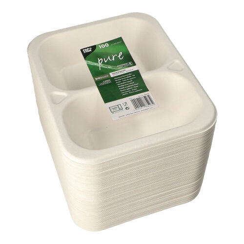 100 PAPSTAR GmbH Siegelschalen aus weißem Zuckerrohr, 2-geteilt, nachhaltig und verpackt im „Pure“-Design – perfekt für Catering und Take-Away-Events.