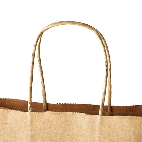 Close-up of the upper part of a PAPSTAR 25 carrier bags, paper with twisted handle from PAPSTAR GmbH, with two twisted handles against a white background.