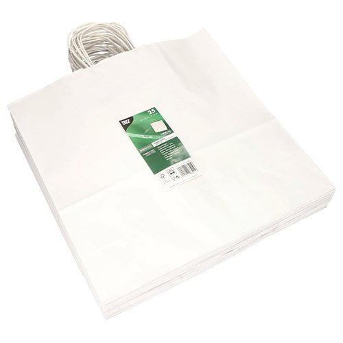A stack of PAPSTAR 25 carrier bags made of paper with twisted handle from PAPSTAR GmbH lies flat, the top bag shows a green and white label with product information.