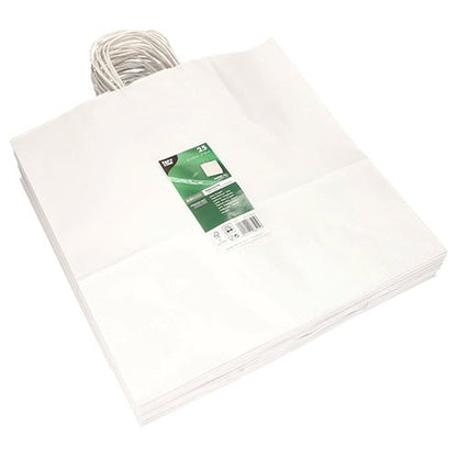 A stack of PAPSTAR 25 carrier bags made of paper with twisted handle from PAPSTAR GmbH lies flat, the top bag shows a green and white label with product information.