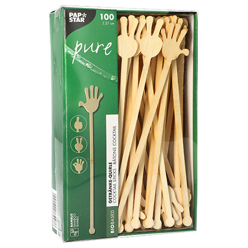 PAPSTAR 100 Getränke-Quirle, Bambus „pure“ von PAPSTAR GmbH: 100 umweltfreundliche, biologisch abbaubare Bambus-Stäbchen (21 cm), handgeformt an einem Ende, in grüner Box – biobasiert und nachhaltig.