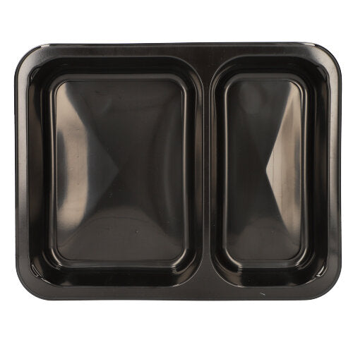 Eine schwarze Starpak 50 Mikrowellenschalen-Lebensmittelschale aus PP mit zwei Fächern (ein großes, ein kleines) ist von oben auf einem weißen Hintergrund abgebildet – ideal für die bequeme, wiederverwendbare Zubereitung von Mahlzeiten in der Mikrowelle.