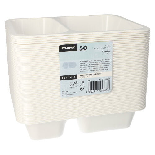 Ein Stapel Starpak 50 Mikrowellenschalen, PP – weiße Mikrowellenschalen mit zwei Fächern – in transparenter Folie verpackt. Diese wiederverwendbaren Polypropylenbehälter tragen auf der Vorderseite die Marke Starpak und Produktinformationen.