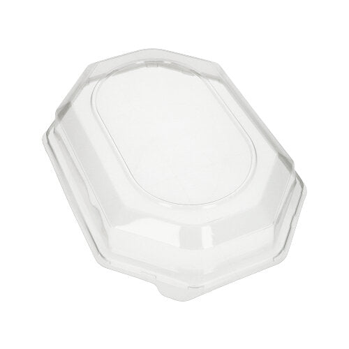 Der Starpak 10 Deckel für Servierplatten, ein transparenter achteckiger Lebensmittelbehälterdeckel aus PET von Starpak, ist auf weißem Hintergrund abgebildet.