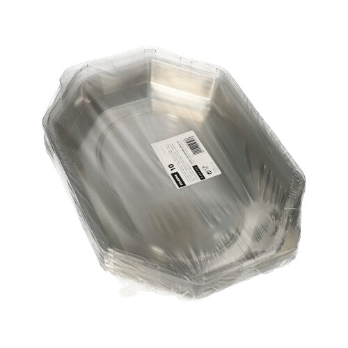 Auf einem schlichten weißen Hintergrund ist ein Stapel Starpak 10 Deckel für Servierplatten, PET transparent, in durchsichtigen Kunststoff eingewickelt und mit einem weißen Barcode-Etikett auf der Oberseite versehen.