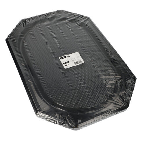 Ein Stapel schwarzer, achteckiger Starpak 10 Servierplatten aus PET, eingeschweißt in Klarsichtfolie mit zentralem Etikett – perfekt für Catering-Veranstaltungen.