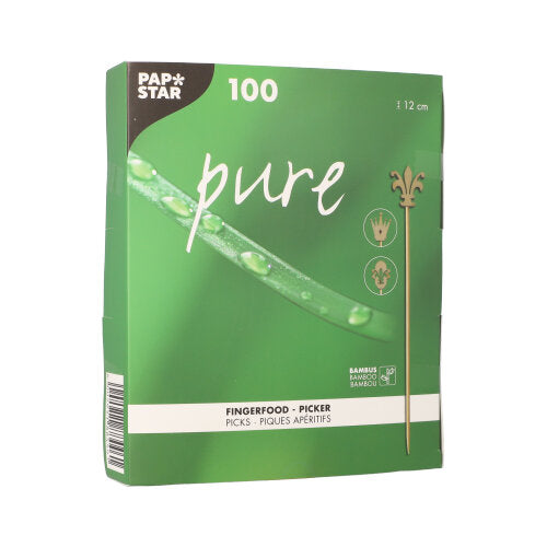 Eine grüne Box der PAPSTAR GmbH mit der Aufschrift „100 Fingerfood – Picker pure“ beinhaltet 100 Picks (à 12 cm), perfekt für Partys, mit stilisiertem Bambusstab und Produkt-Icons auf der Vorderseite.