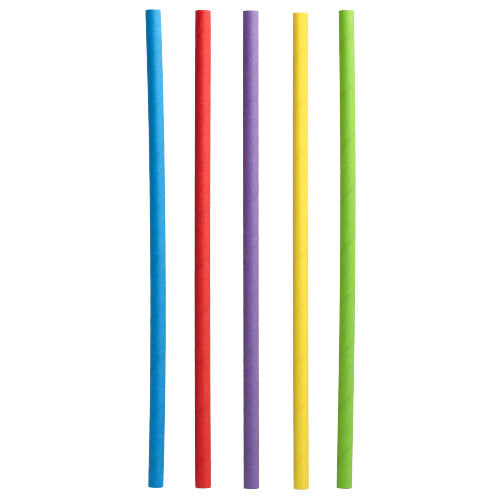 Fünf PAPSTAR 500 Shake-Halme Papier Ø 8 mm · 25 cm der PAPSTAR GmbH in den Farben Blau, Rot, Lila, Gelb und Grün stehen senkrecht nebeneinander von links nach rechts auf weißem Untergrund.