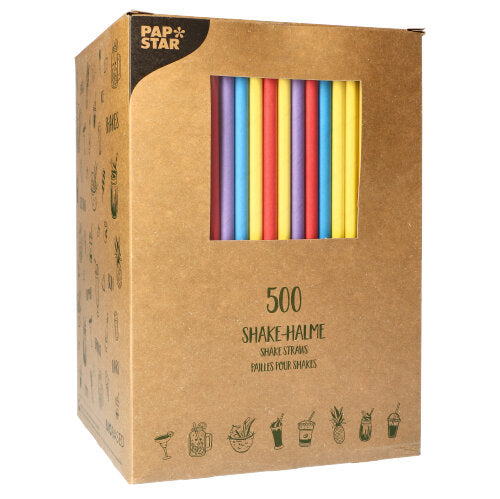 Through a window, a brown box with 500 PAPSTAR paper shake drinking straws (8 mm × 25 cm) is visible. The logo of PAPSTAR GmbH can be seen in the top left, with symbols and text printed on the front and side.