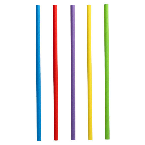 Fünf PAPSTAR 100 Shake-Halme aus Papier (ø 8 mm) von PAPSTAR GmbH in Blau, Rot, Lila, Gelb und Grün stehen aufrecht nebeneinander vor weißem Hintergrund.