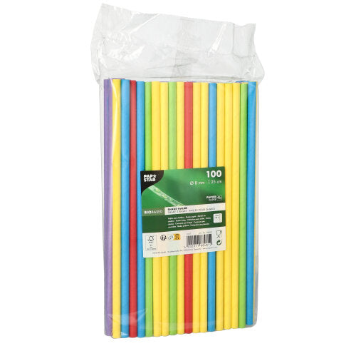 Die PAPSTAR 100 Shake-Halme der PAPSTAR GmbH sind bunte Papierstrohhalme (Ø 8 mm) in der Klarsichtpackung, die mit Recyclinghinweisen versehen sind und nachhaltige Trinkhalme für den umweltbewussten Gebrauch fördern.