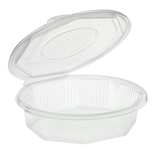 Eine transparente, 8-eckige Starpak PP-Menübox (5,9 x 21,5 x 21,5 cm) mit Klappdeckel, der den leeren Inhalt freigibt; geprägtes Blumenmuster auf dem Deckel. Ideal zur Lebensmittelaufbewahrung. 25er-Set Menüboxen mit Klappdeckel, transparent.