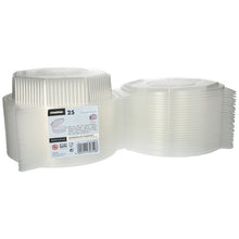 Zwei Stapel Starpak 25 Menüboxen mit Klappdeckeln, PP transparent und 8-eckig (5,9 x 21,5 x 21,5 cm) sind nebeneinander abgebildet. Ideal zur Lebensmittelaufbewahrung oder zum Servieren von Mahlzeiten auf jeder Veranstaltung.