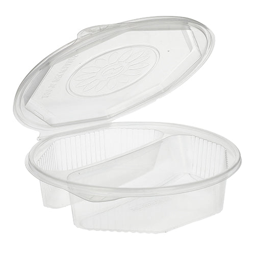 Ein transparenter Starpak 25 Menüboxen PP-Behälter, 8-seitig mit Klappdeckel (5,9 x 21,5 x 21,5 cm), offen abgebildet – ideal für die praktische Lebensmittelaufbewahrung.