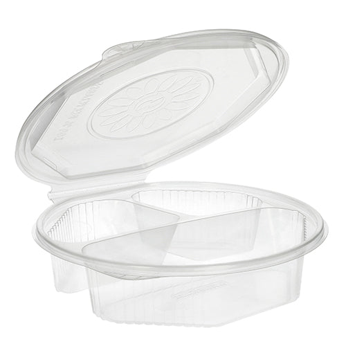 Die Starpak 25 Menüboxen mit Klappdeckeln sind transparente, 8-eckige PP-Behälter (5,9 x 21,5 x 21,5 cm) mit Scharnierdeckel und zwei Fächern – ideal zum Aufbewahren und Trennen von Lebensmitteln.
