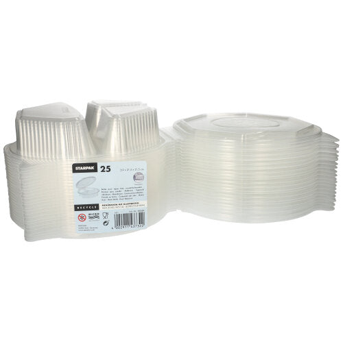 Ein Set mit 25 Starpak Menüboxen, PP transparent und 8-eckig (5,9 x 21,5 x 21,5 cm), mit Klappdeckeln. Ideal zur Lebensmittelaufbewahrung; Das Produktetikett ist auf der Verpackung sichtbar.