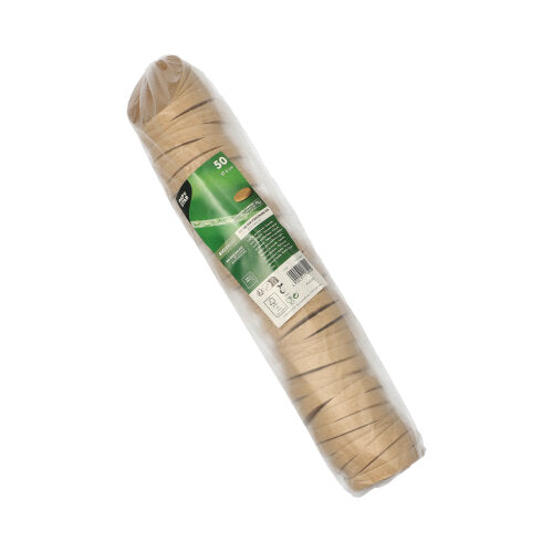 A shrink-wrapped pack of 50 brown, round PAPSTAR GmbH lids (Ø 6 cm) for portion cups is stacked and labeled with a green sticker with information. Product: PAPSTAR lid for portion cups, brown.