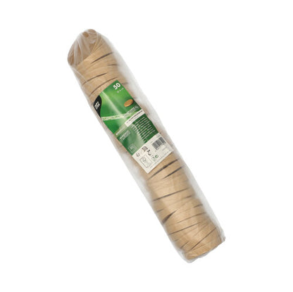 A shrink-wrapped pack of 50 brown, round PAPSTAR GmbH lids (Ø 6 cm) for portion cups is stacked and labeled with a green sticker with information. Product: PAPSTAR lid for portion cups, brown.