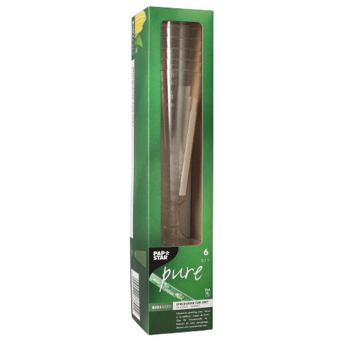 Eine rechteckige grüne Box mit Sichtfenster präsentiert sechs PAPSTAR „pure“ 0,1 l PLA-Sektflöten (Ø 5,5 cm · 16,5 cm), beschriftet mit umweltfreundlichen Symbolen und weißem Text. Die Verpackung betont die Marke PAPSTAR GmbH und das glasklare Material.
