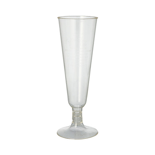 Die PAPSTAR 24 Stiel-Gläser für Sekt, PLA „pure“ 0,1 l sind durchsichtige Sektgläser aus Kunststoff mit glasklarer Optik, hohem, schmalem Kelch, kurzem Stiel und runder Basis der PAPSTAR GmbH, dargestellt vor einem schlichten weißen Hintergrund.
