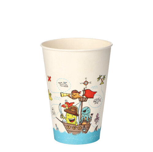 Die PAPSTAR Trinkbecher aus Pappe (0,2 L, Ø 7 cm, 9,7 cm) von PAPSTAR GmbH zeigen bunte Cartoon-Meerestiere als Piraten auf einem Schiff – perfekt für Partys mit maritimer Illustration.