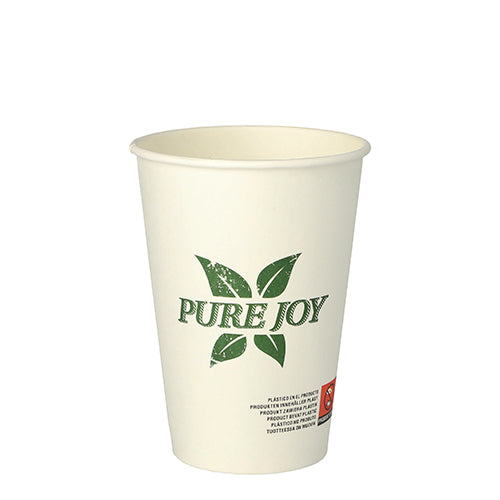 Der PAPSTAR 50 Trinkbecher (0,25 l, Ø 8 cm, H 10,8 cm) der PAPSTAR GmbH ist ein weißer Pappbecher mit dem grünen Schriftzug „Pure Freude“ und einer Blattgrafik auf der Vorderseite sowie einem kleinen Etikett am Boden. Umweltfreundlich und im 50er-Pack erhältlich.