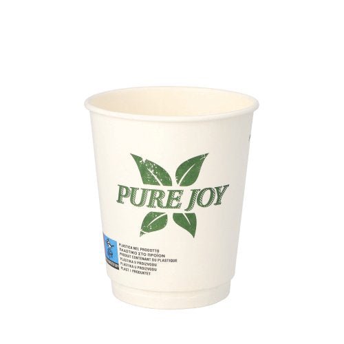 The PAPSTAR double-walled drinking cup (8 cm, white) from PAPSTAR GmbH features "Pure Joy" and green leaves on the front. It is made from environmentally friendly material and has a small blue and black inscription at the bottom edge. Pack of 20 pieces.