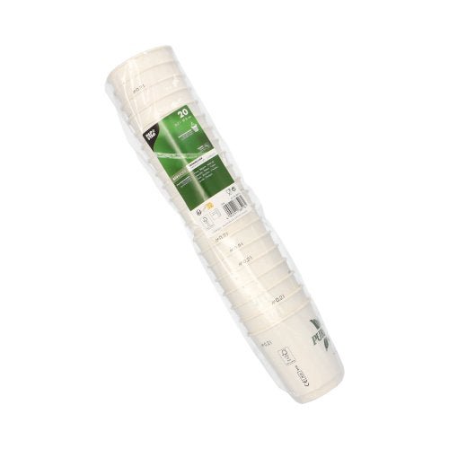 A pack of 20 PAPSTAR "Pure Joy" double-walled white paper cups (8 cm), packaged in clear plastic with a green and white label. The disposable cups are neatly stacked in the packaging. Brand: PAPSTAR GmbH.