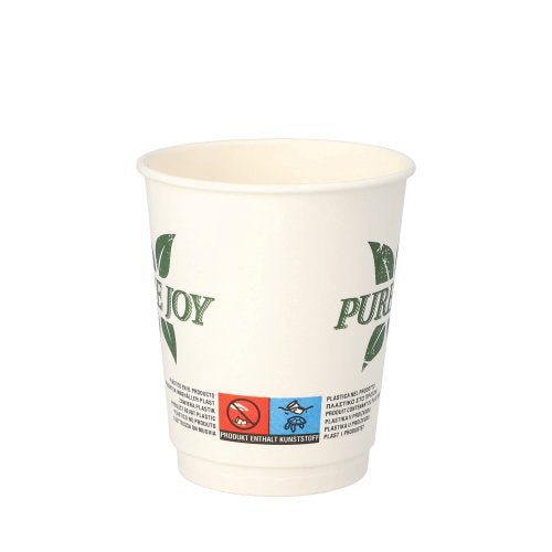The PAPSTAR double-walled drinking cup (8 cm, white, "Pure Joy") from PAPSTAR GmbH features a green leaf design, eco-symbols at the bottom area, and offers an environmentally friendly choice in a 20-pack.