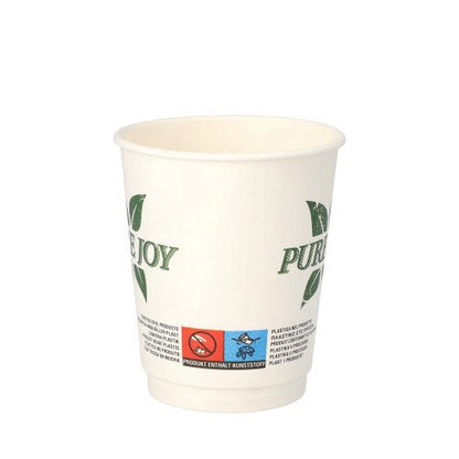 The PAPSTAR double-walled drinking cup (8 cm, white, "Pure Joy") from PAPSTAR GmbH features a green leaf design, eco-symbols at the bottom area, and offers an environmentally friendly choice in a 20-pack.