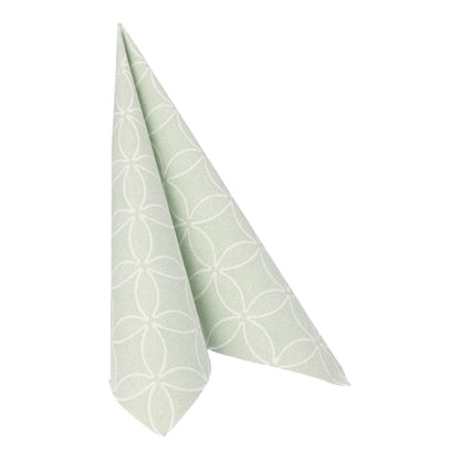 Eine Serviette "ROYAL Collection" der PAPSTAR GmbH 50 Servietten, grün, 40 x 40 cm, mit weißem geometrischem Kreismuster ist zu einem stehenden Kegel gefaltet auf weißem Grund abgebildet.