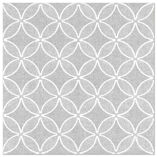Eine quadratische Fliese mit einem sich wiederholenden geometrischen Muster aus sich überschneidenden weißen Kreisen auf hellgrauem Grund - die perfekte Ergänzung zu den PAPSTAR 50 Servietten "ROYAL Collection" 1/4-Falz 40 x 40 cm grau von PAPSTAR GmbH.