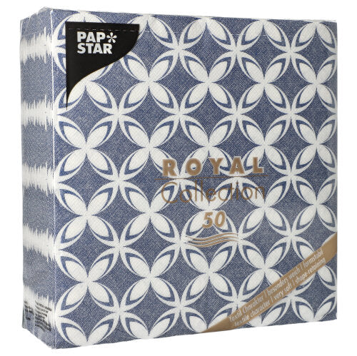 Eine Packung mit 50 PAPSTAR Servietten "ROYAL Collection", 1/4-Falz (40 x 40 cm), mit blauen und weißen geometrischen Kreisen und "ROYAL Collection 50" in Gold auf der Vorderseite, von PAPSTAR GmbH.