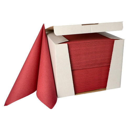 A stack of PAPSTAR 100 napkins "ROYAL Collection" 1/4-fold 40 cm x 40 cm from PAPSTAR GmbH is partially pulled out of an open white dispenser box.