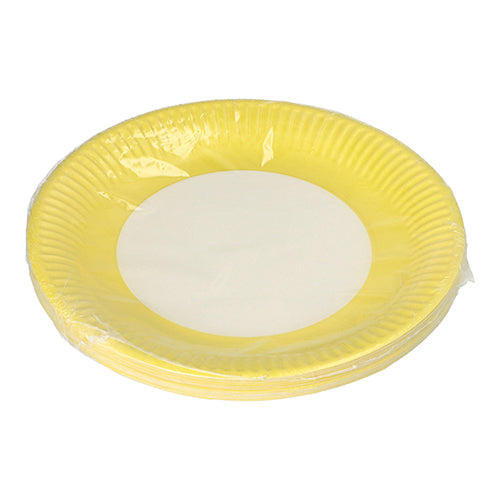 PAPSTAR GmbH 20 runde Pappteller Ø 23 cm, gelb mit weißer Mitte, in transparenter Folie verpackt – ideal für Events und Feiern.