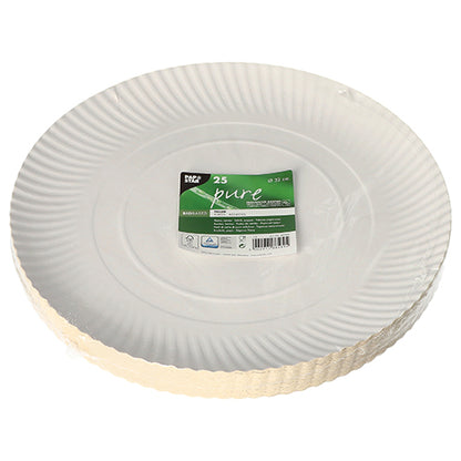 PAPSTAR GmbH 25 plates, cardboard "pure" round white: White disposable cardboard plates made from sustainable cardboard, each pack contains 25 environmentally friendly plates with a fluted edge and green-white label, packed in transparent foil.