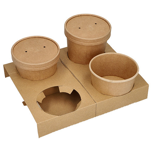 Das PAPSTAR 25 Tragetablett Pappe "pure" (3,6x19,8x24,1 cm, braun) bietet Platz für bis zu vier Suppenbecher, besteht aus umweltfreundlichem Kraftpapier und verfügt über vier Fächer für runde Speisebehälter. Marke: PAPSTAR GmbH.