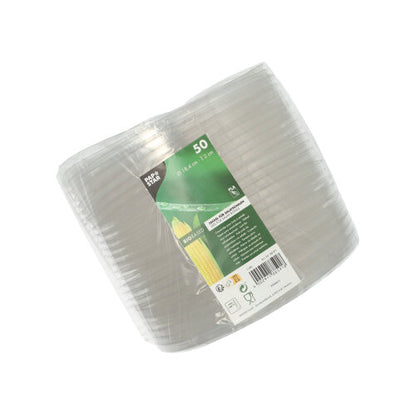 A pack of 50 transparent, round salad bowl lids made of PLA from PAPSTAR GmbH (2 cm high), ideal for keeping salads fresh and perfectly fitting transparent plastic plates.