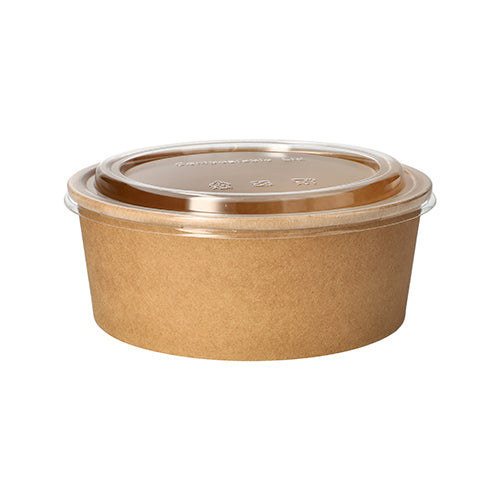 The 50 salad bowls from PAPSTAR GmbH are round, brown food containers made of paper with PLA coating and a transparent lid, depicted empty against a white background.