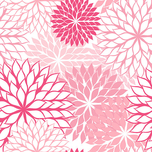 Die 20 Servietten (40 x 40 cm, 3-lagig, 1/4-Falz) der PAPSTAR GmbH zeigen ein nahtloses Muster aus sich überlappenden rosa Blumenformen mit spitzen Blütenblättern, die von der Mitte aus auf einem weißen Hintergrund strahlen.